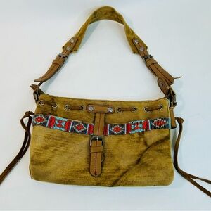 Lucky Brand “Dempsey” Brown Distressed Canvas Shoulder Bag with Beaded Trim